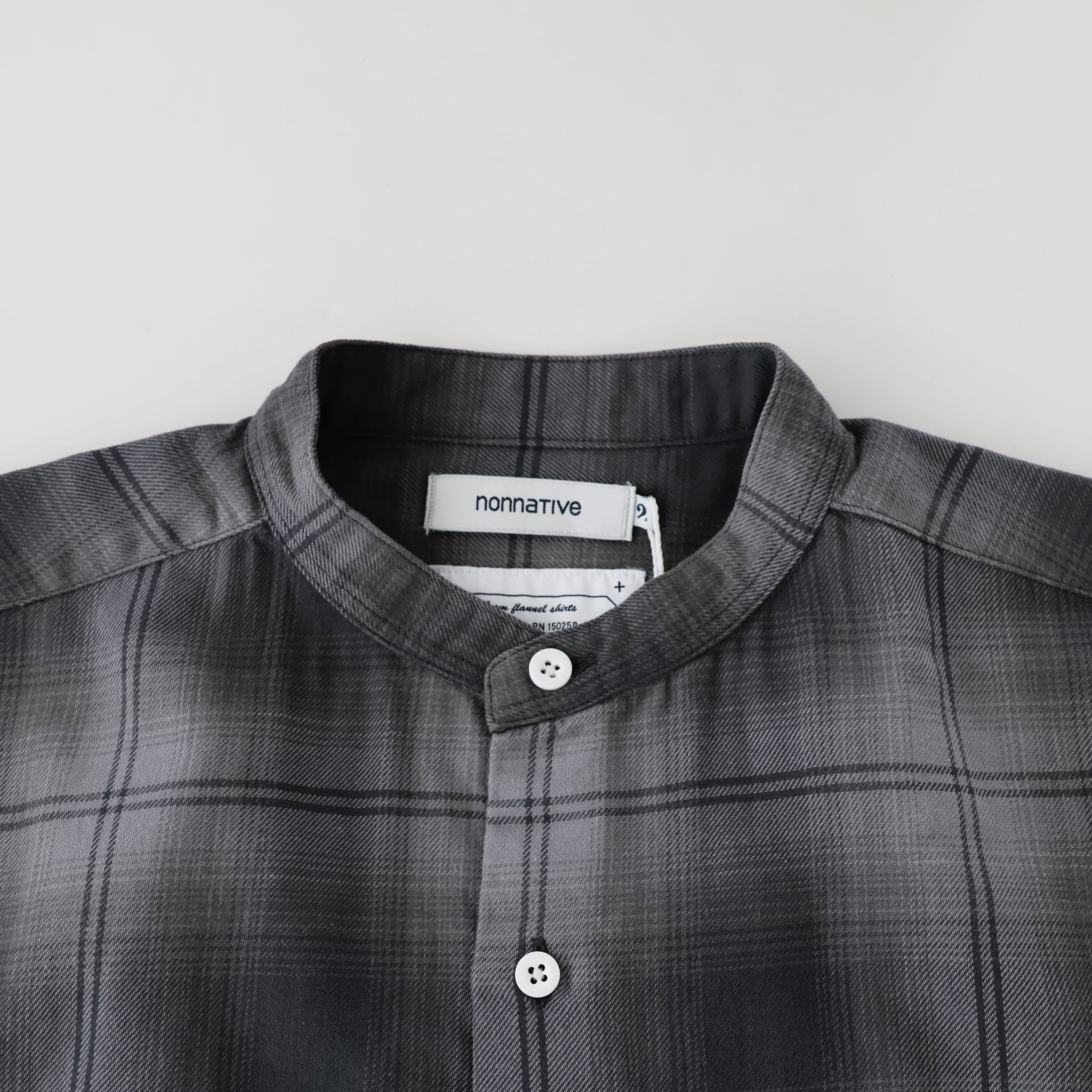 OFFICER STAND COLLAR S/S SHIRT COTTON TWILL OMBRE CHECK by Rafu