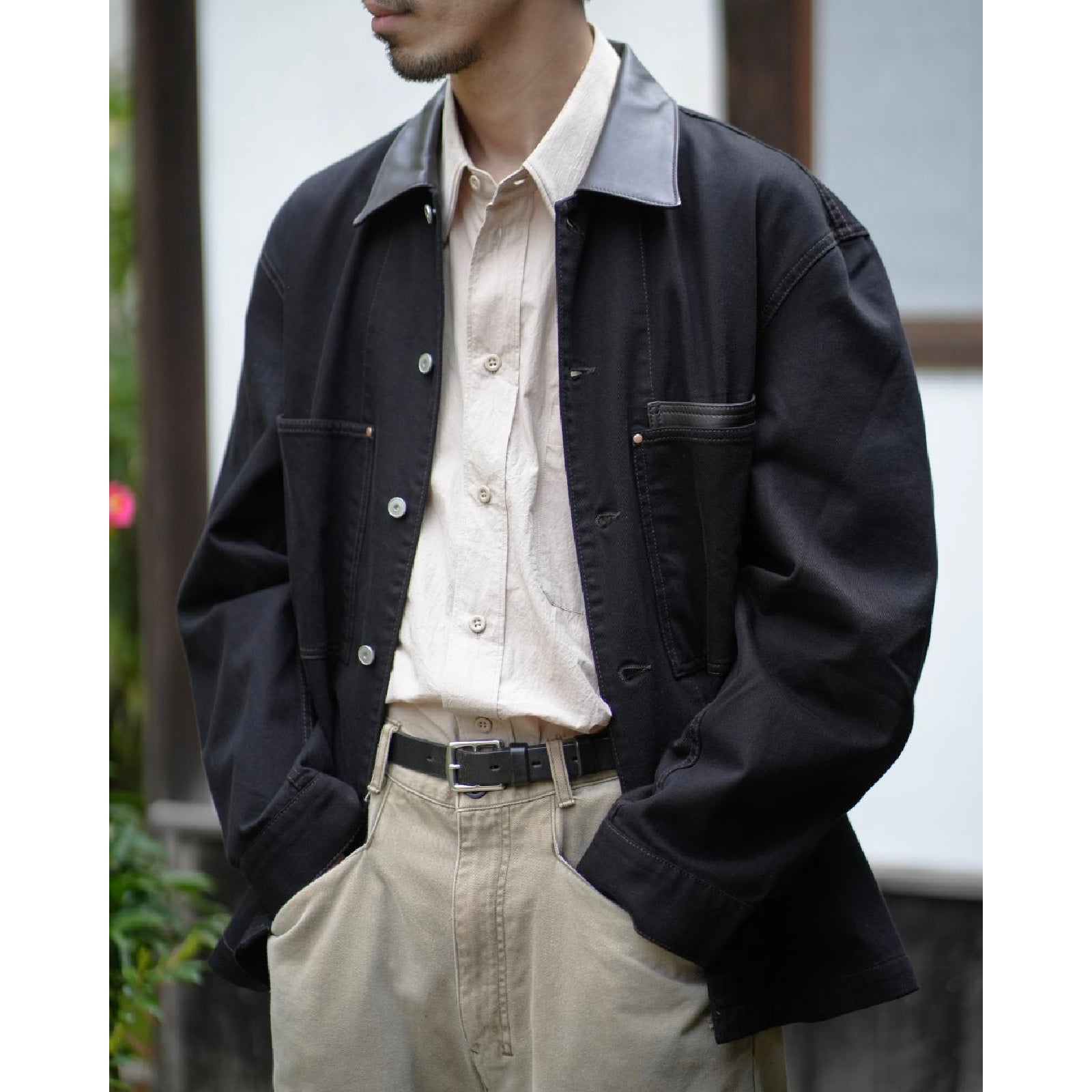 WORKWEAR OVERSHIRT WITH LEATHER COLLAR