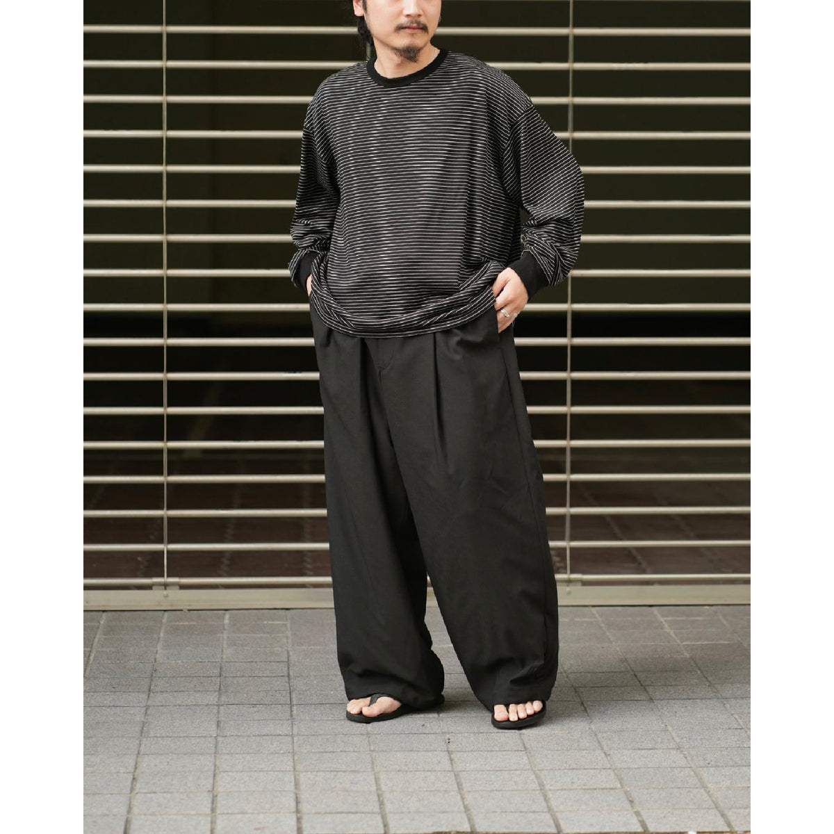 Fine Wool Border L/S Crew Neck Tee