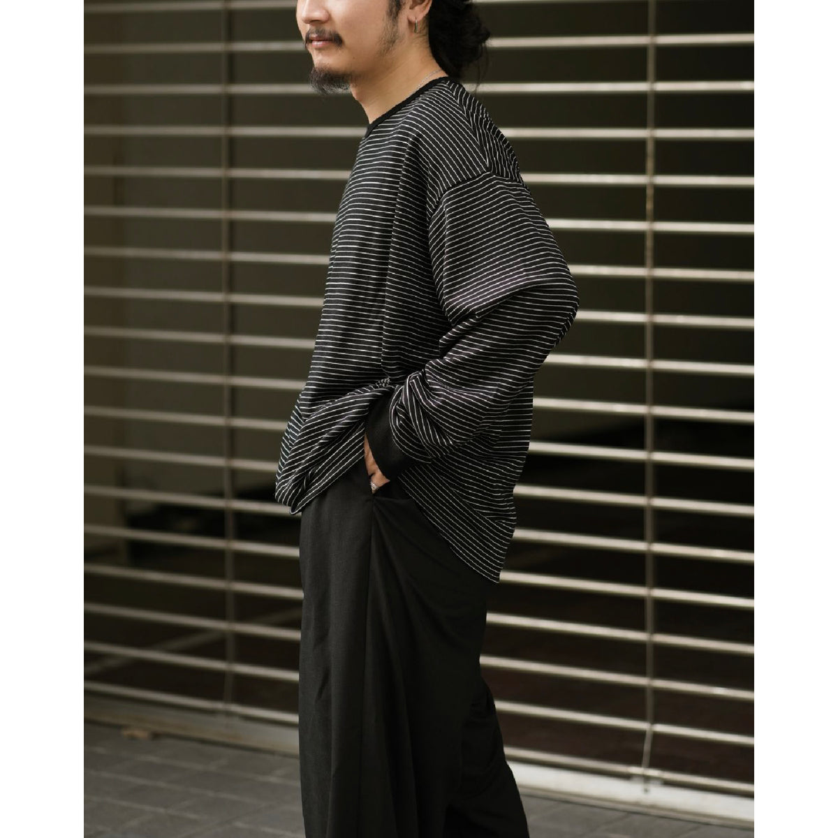 Fine Wool Border L/S Crew Neck Tee