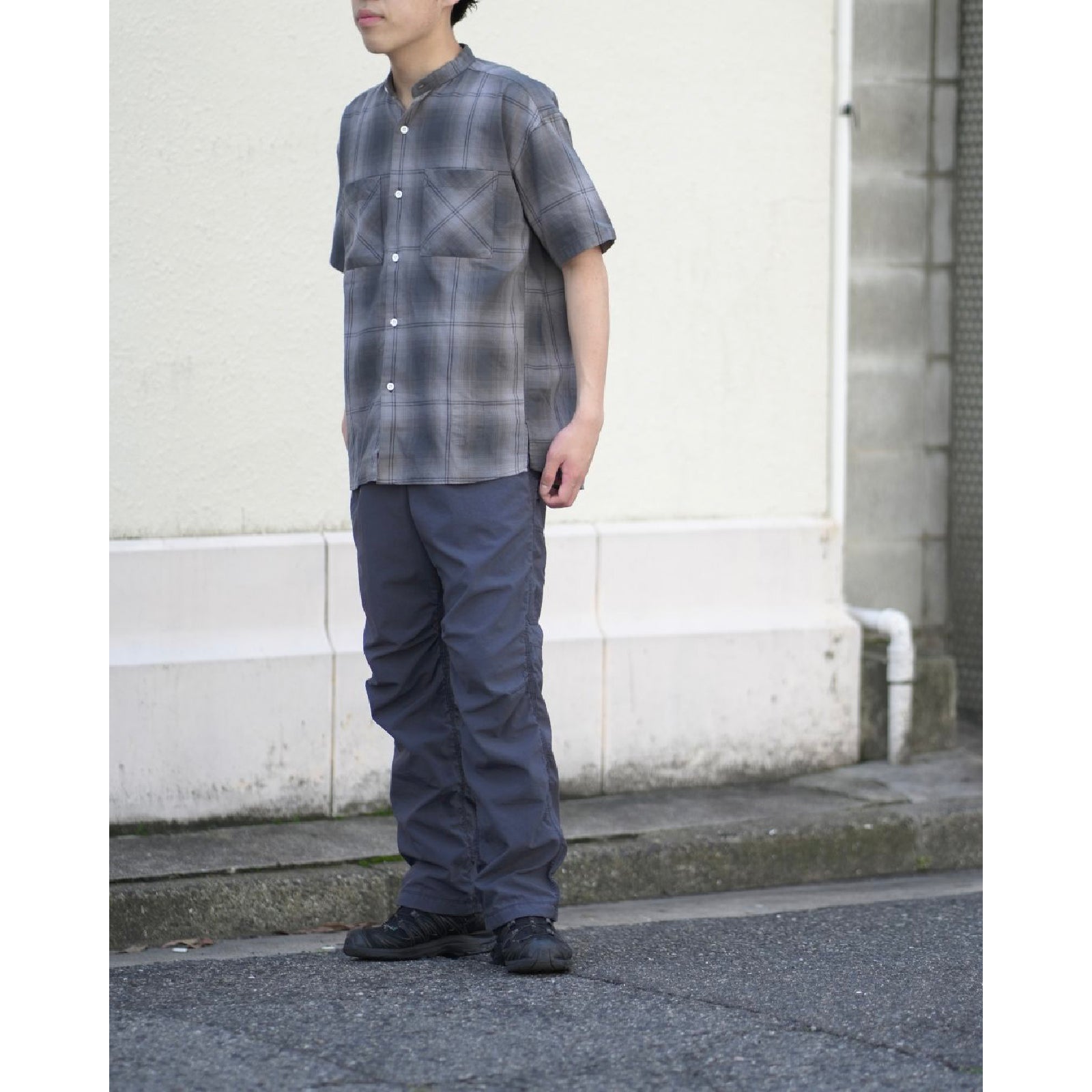 OFFICER STAND COLLAR S/S SHIRT COTTON TWILL OMBRE CHECK by Rafu