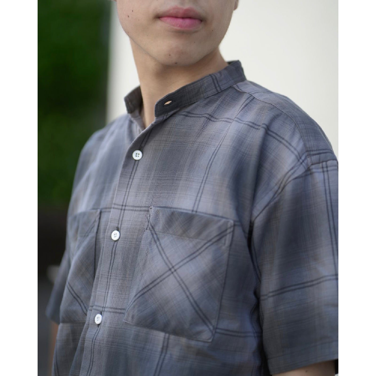 OFFICER STAND COLLAR S/S SHIRT COTTON TWILL OMBRE CHECK by Rafu