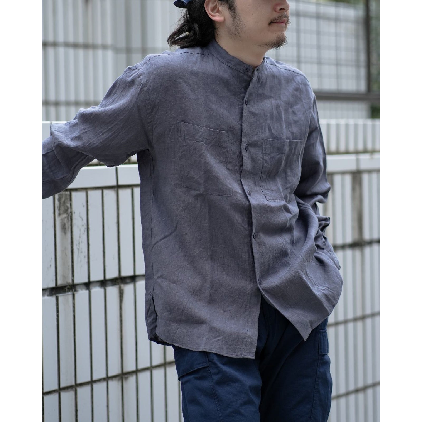 OFFICER STAND COLLAR L/S SHIRT LINEN CANVAS