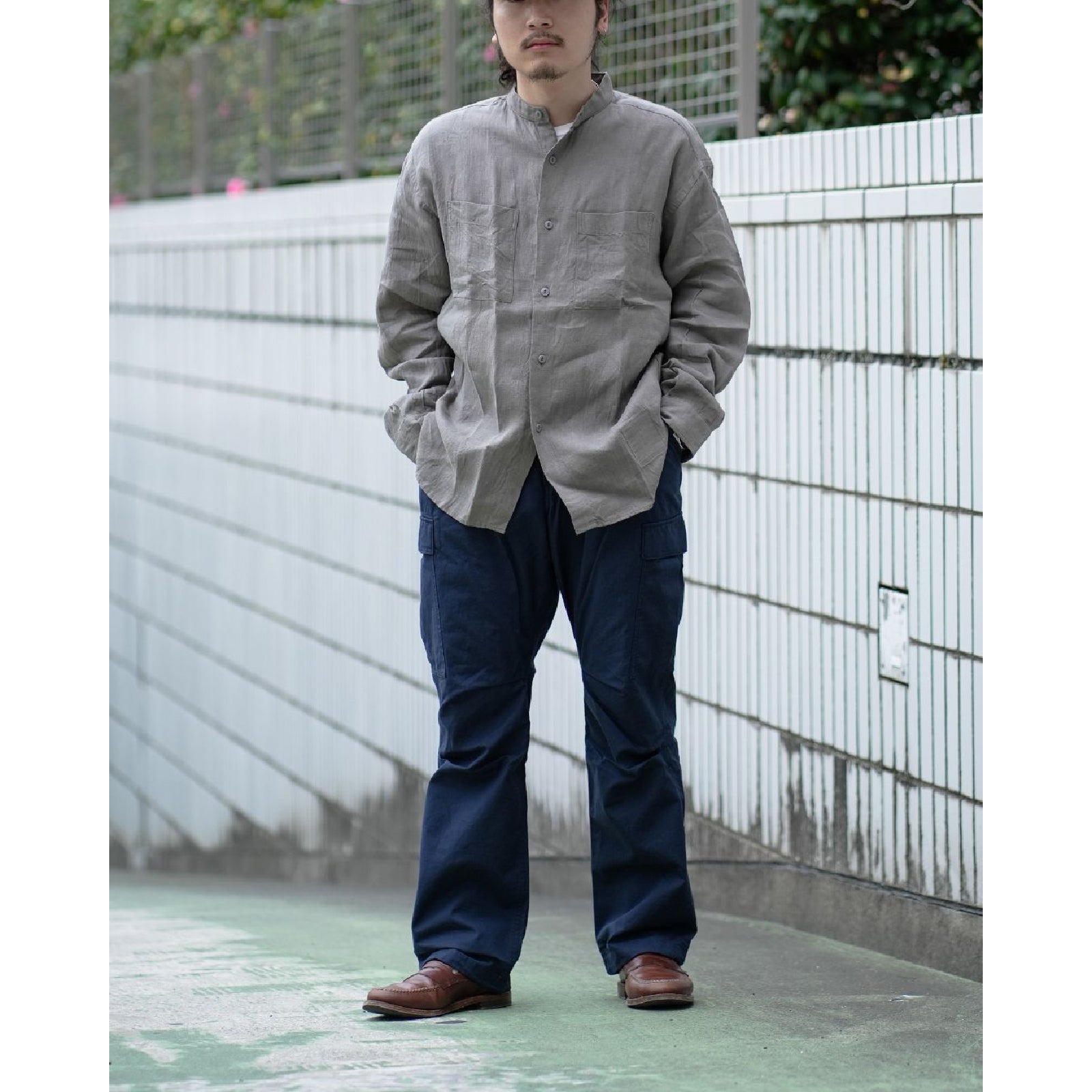OFFICER STAND COLLAR L/S SHIRT LINEN CANVAS