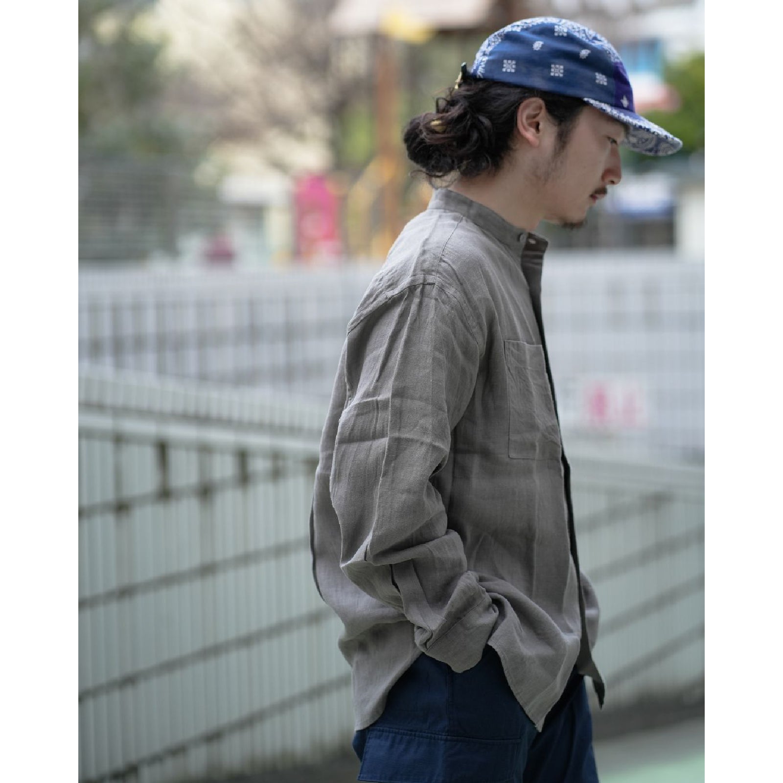 OFFICER STAND COLLAR L/S SHIRT LINEN CANVAS
