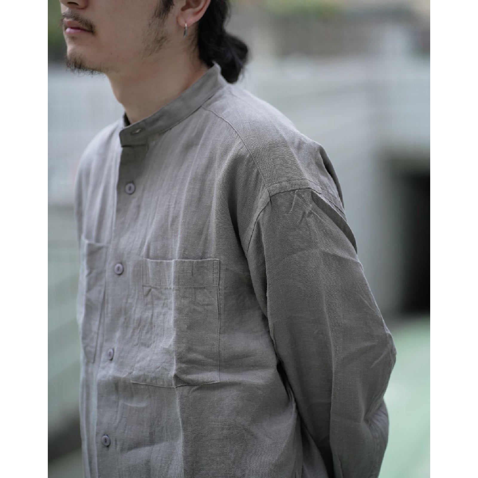 OFFICER STAND COLLAR L/S SHIRT LINEN CANVAS