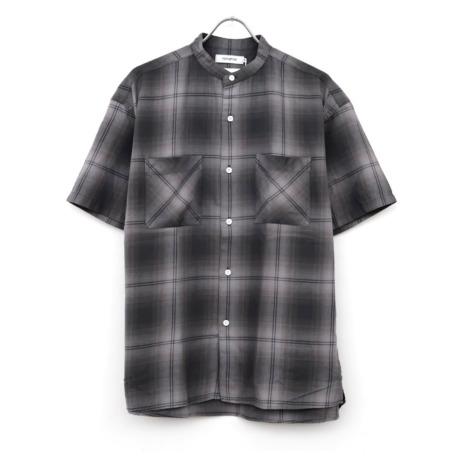 OFFICER STAND COLLAR S/S SHIRT COTTON TWILL OMBRE CHECK by Rafu