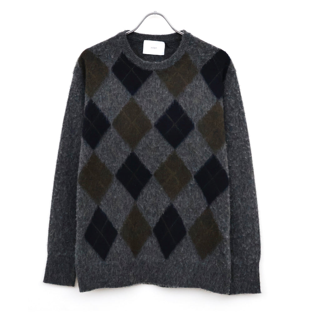 FINE WOOL ARGYLE KNIT CREW NECK LS